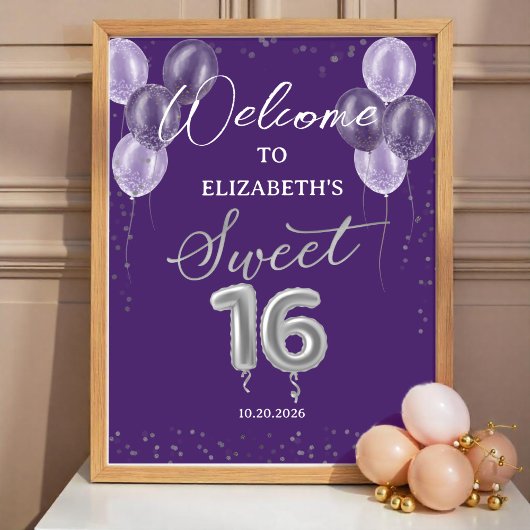 Silver Foil Sweet 16 Ballons Affiche de bienvenue 