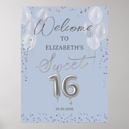 Silver Foil Sweet 16 Ballons Affiche de bienvenue  (Devant)