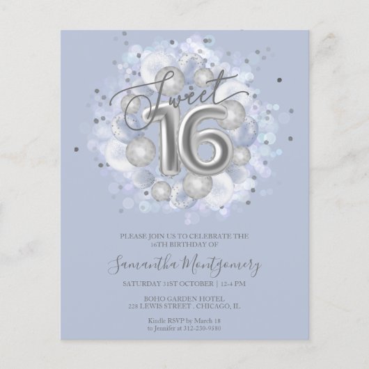 Silver Foil Sweet 16 Balloons Budget Invitation (Voorkant)