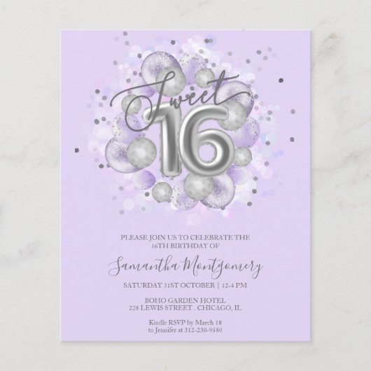 Silver Foil Sweet 16 Balloons Budget Invitation (Voorkant)