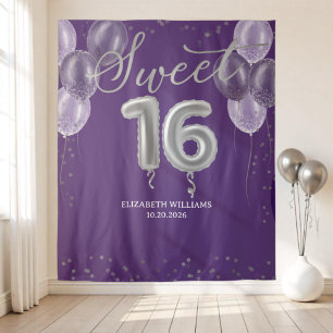 Silver Foil Sweet 16 Balloons Paarse achtergrond Wandkleed
