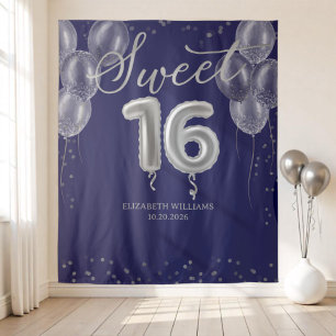 Silver Foil Sweet 16 Balloons Royal Blue Backdrop Wandkleed