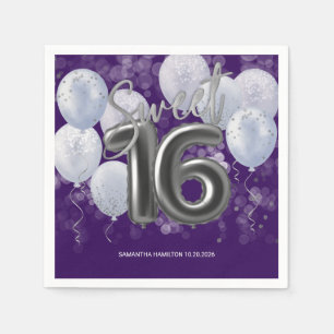 Silver Foil Sweet 16-Bday Balloons Party Paars Servet