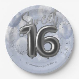 Silver Foil Sweet 16 Birthday Balloons Dusty Blue Papieren Bordje
