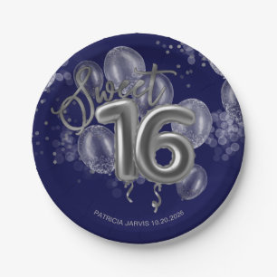 Silver Foil Sweet 16 Birthday Balloons Royal Blue Papieren Bordje