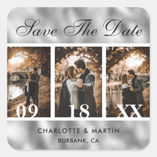 Silver Foil Weddenfoto Save the Date Stickers (Voorkant)