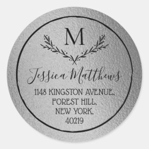 Silver Foil WreatCustom Monogram Return-adres Ronde Sticker