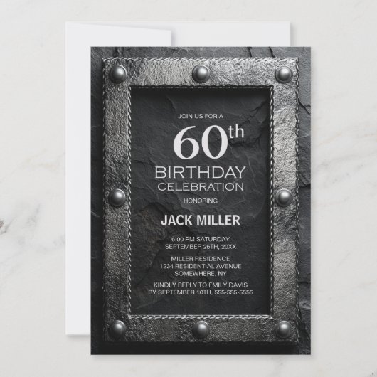 Silver Frame Black Slate 60th Birthday Party Kaart (Voorkant)