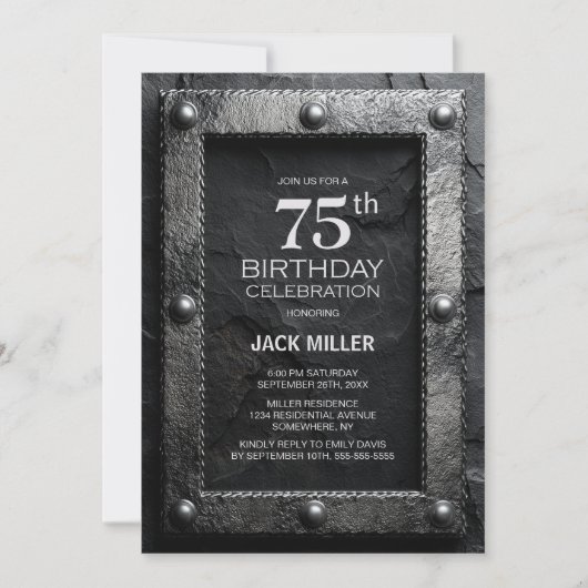 Silver Frame Black Slate 75th Birthday Party Kaart (Voorkant)
