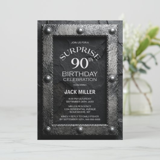 Silver Frame Black Slate Surprise 90th Birthday Kaart (Staand voorkant)