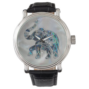 Silver Framed Elephant op Abalone en Pearl Horloge
