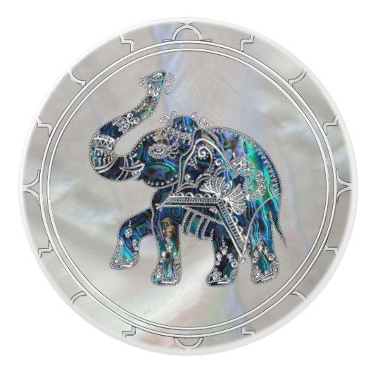 Silver Framed Elephant op Abalone en Pearl Keramische Knop (Voorkant)