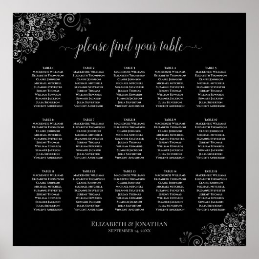 Silver Frills Black 15 Table Wedding Seating Chart Poster (Voorkant)