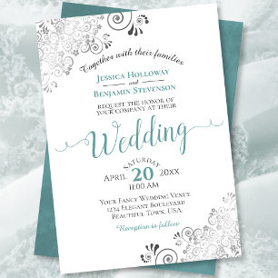 Silver Frills Blauwgroen en grijs op White Wedding Kaart