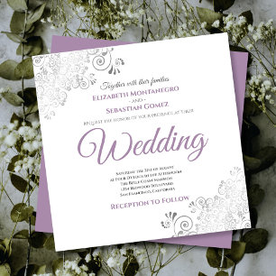 Silver Frills Chic Lavender & White Square Weddens Kaart