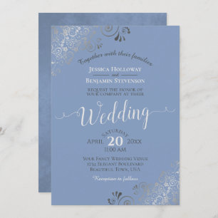 Silver Frills Elegant Grey op Light Blue Weddensch Kaart