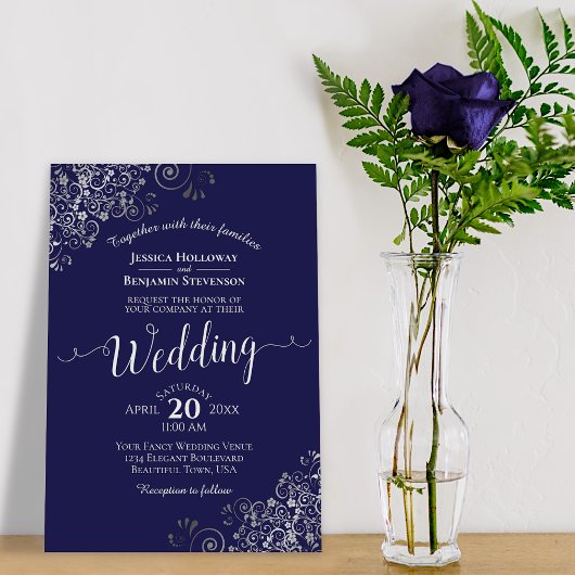 Silver Frills Elegant Navy Blue Wedding Kaart