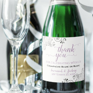 Silver Frills Lavender op White Wedding Dank je Sparkling Wijnetiket