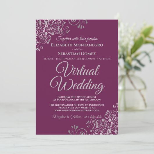 Silver Frills Magenta Plum Chic Virtuele bruiloft Kaart (Staand voorkant)