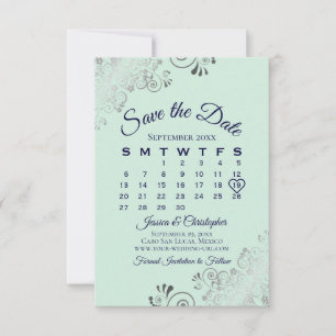 Silver Frills Mint Green & Navy Wedding Calendar Save The Date