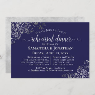 Silver Frills Navy Blue Wedding Rehearsal & Dinner Kaart