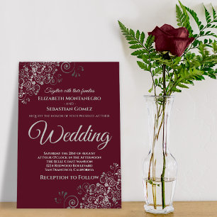 Silver Frills Simple Chic Burgundy Wedding Kaart