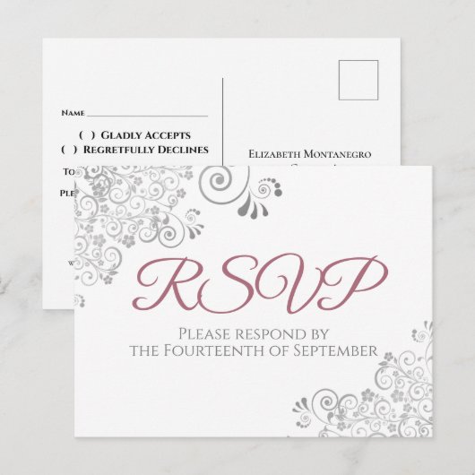 Silver Frills Simple Chic Dusty Roos Wedding RSVP Briefkaart (Voorkant / Achterkant)