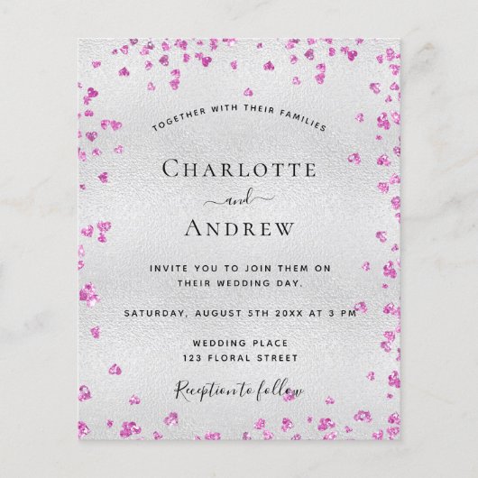 Silver fuchsia harten budget bruiloft uitnodiging flyer (Voorkant)