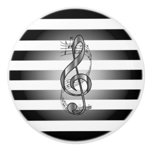 Silver G Clef ~ Musical Scroll ~ B/W Striped ~*~ Keramische Knop