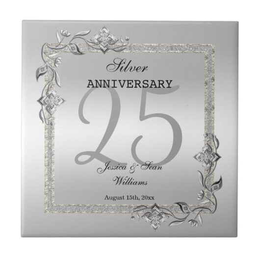 Silver Gem en Glitter 25th Wedding Jubileum Tegeltje (Voorkant)