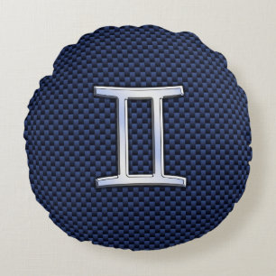 Silver Gemini Zodiac Sign Blue Carbon Fiber Print Rond Kussen