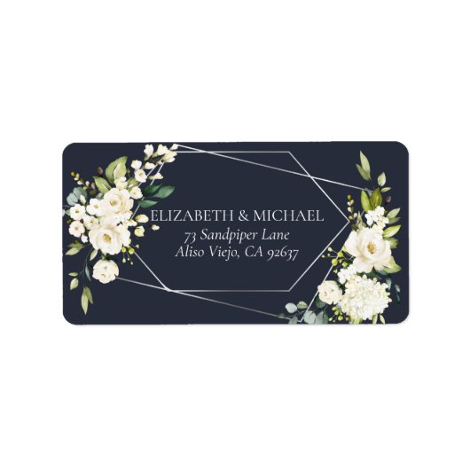 Silver Geometric Blue White Floral Address Etiket (Voorkant)