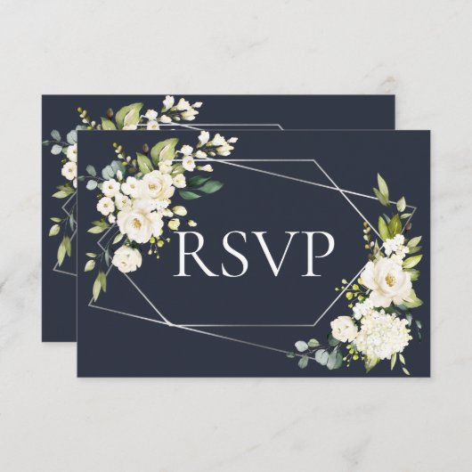 Silver Geometric Blue White Floral RSVP (Voorkant / Achterkant)