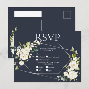 Silver Geometric Blue White Floral RSVP Uitnodiging Briefkaart