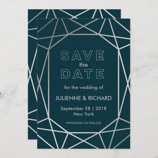 Silver Geometric Diamond Wedding Save the Date (Voorkant / Achterkant)
