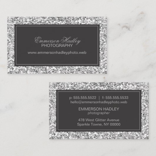 Silver Glam Faux Glitter Visitekaartje (Voorkant / Achterkant)