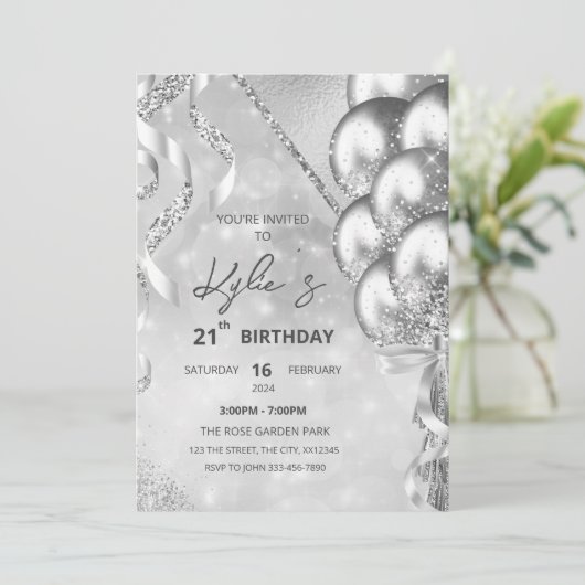 Silver Glam Invitation de fête d'anniversaire (Debout devant)