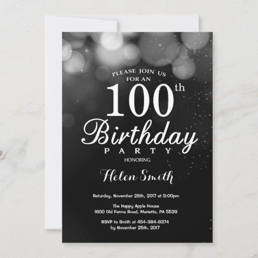 Silver Glitter 100th Birthday Invitation Card Kaart (Voorkant)