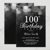 Silver Glitter 100th Birthday Invitation Card Kaart (Voorkant / Achterkant)