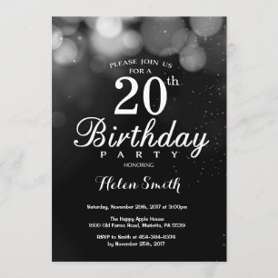Silver Glitter 20th Birthday Invitation Card Kaart