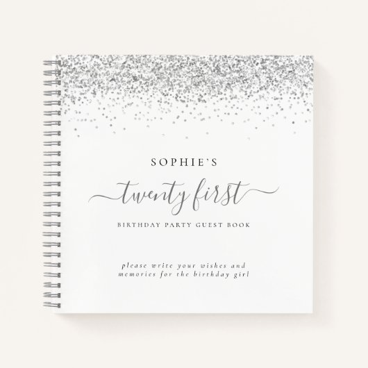 Silver Glitter 21st Birthday Party Guest Book Notitieboek (Voorkant)