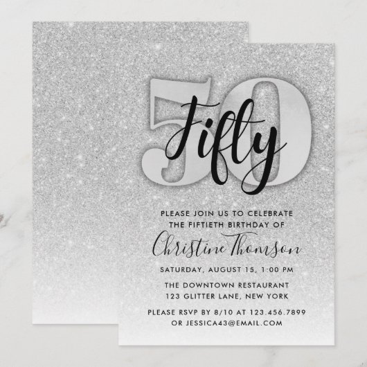 Silver Glitter 29th Birthday Invitation Kaart (Voorkant / Achterkant)