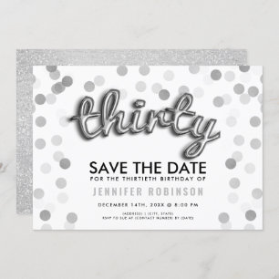 Silver Glitter 30th Birthday Save the Date Kaart