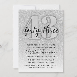Silver Glitter 43rd Birthday Invitation Kaart