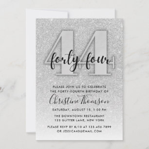 Silver Glitter 44th Birthday Invitation Kaart