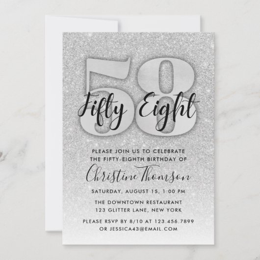 Silver Glitter 58th Birthday Invitation Kaart (Voorkant)