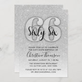 Silver Glitter 66th Birthday Invitation Kaart (Voorkant / Achterkant)