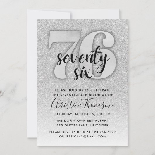 Silver Glitter 76th Birthday Invitation Kaart (Voorkant)