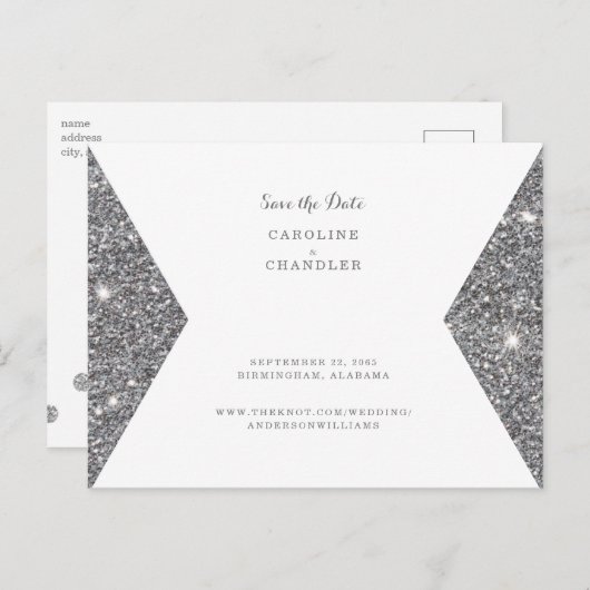 Silver Glitter Afbeelding Weddenschap Save the Dat Briefkaart (Voorkant / Achterkant)