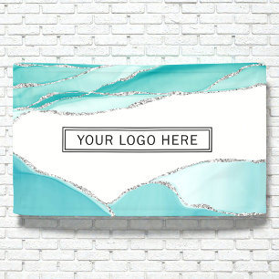 Silver Glitter Agate Blauwgroen Mint Waterverf Log Spandoek